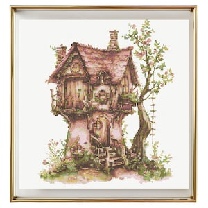 House Cross Stitch Pattern Instant PDF Download - Fairy House Watercolor Cross Stitch Hand Embroidery