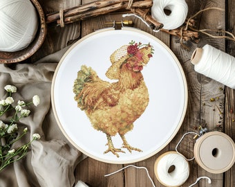 Chicken Cross Stitch Pattern Instant PDF Download - Chicken Lady Watercolor Cross Stitch Hand Embroidery Rooster with Hat