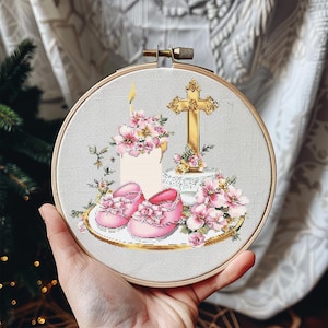Baby Cross Stitch Pattern Instant PDF Download - Girl&#39;s Christening Day Watercolor Cross Stitch Hand Embroidery Baby Girl Nursery Religious