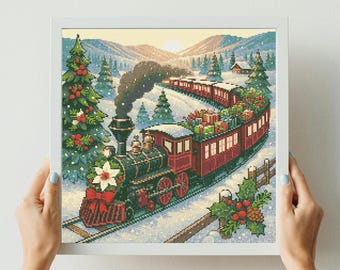 May include: A framed Christmas-themed cross-stitch depicts a vintage train pulling a series of red boxcars filled with wrapped gifts. The black and red locomotive is decorated with a poinsettia and bow. The scene is set in a snowy landscape with evergreen trees.