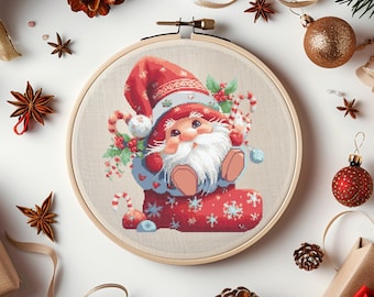 Gnome Cross Stitch Pattern Instant PDF Download - Gnome in a sock Watercolor Cross Stitch Hand Embroidery Christmas Winter