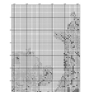K&ouml;nnte beinhalten: Schwarzwei&szlig;es Kreuzstichmuster mit einem Design eines stilisierten Baumes mit einem Vogel, der auf einem Ast sitzt. Das Muster befindet sich auf einem Gitter mit schwarzen Quadraten, die die Stiche darstellen.