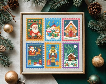 May include: Framed cross-stitch artwork featuring six Christmas-themed postage stamp designs. The stamps depict Santa Claus, snowmen, a gingerbread house, Santa in a sleigh, a nutcracker, and a cabin under the Northern Lights. The frame is a light brown color.