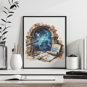 Peut inclure: Œuvre encadrée représentant un télescope, des cartes et une arche révélant une nébuleuse vibrante. La palette de couleurs comprend des bleus, des bruns et des ors, créant un thème céleste. L'œuvre est exposée sur une surface blanche avec des éléments décoratifs.