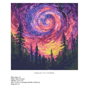 May include: Cross stitch pattern featuring a swirling galaxy of pink, purple, and yellow colors over a dark forest silhouette. Design size: 170 x 170 stitches. Fabric: Aida 14 count. Size: 12.14 x 12.14 inches (30.84 x 30.84 cm). Hoop size: 13.