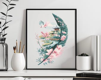 Japanese Cross Stitch Pattern Instant PDF Download - Japanese Feather Watercolor Cross Stitch Hand Embroidery Feather Silhouette Landscape