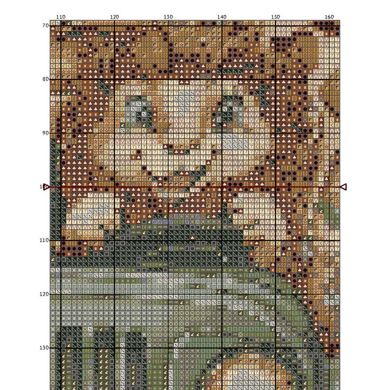 K&ouml;nnte beinhalten: Kreuzstichmuster mit einer Comic-Katze mit braunem Fell, gr&uuml;nen Augen und einer rosa Nase. Die Katze tr&auml;gt ein gr&uuml;n-braunes gemustertes Hemd. Das Muster ist auf wei&szlig;em Hintergrund mit einem Raster.