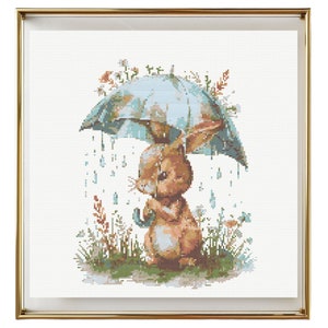 Rabbit Cross Stitch Pattern Instant PDF Download - Bunny Watercolor Cross Stitch Hand Embroidery Rabbit with Umbrella Autumn Bunny