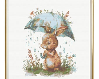 Motif lapin au point de croix Téléchargement instantané en PDF - Lapin aquarelle point de croix brodé à la main Lapin avec parapluie Lapin d'automne
