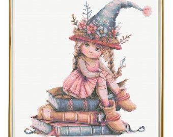 Little Girl Cross Stitch Pattern Instant PDF Download - Little Gnome Girl Watercolor Cross Stitch Hand Embroidery Fantasy Gnome Girl
