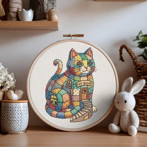 Cat Cross Stitch Pattern Instant PDF Download - Cat House Watercolor Cross Stitch Hand Embroidery Animal Kittens Patchwork Home Pattern