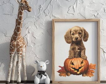 Patrón de punto de cruz de perro, descarga instantánea en PDF: cachorro con calabaza, acuarela, punto de cruz, bordado a mano, patrón de Halloween