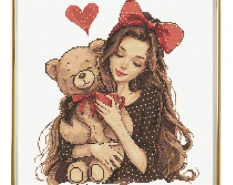 Girl Cross Stitch Pattern Instant PDF Download - Girl with Teddy bear Watercolor Cross Stitch Hand Embroidery Valentine's Day Teddy Bear