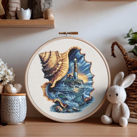 Seashell Cross Stitch Pattern Instant PDF Download- Lighthouse in a Seashell Watercolor Cross Stitch Hand Embroidery Ocean Landscape Pattern