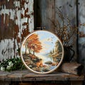 Autumn Cross Stitch Pattern Instant PDF Download - Autumn River Watercolor Cross Stitch Hand Embroidery Forest Landscape Nature Pattern product logo