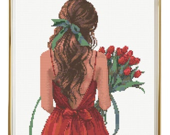 Woman Cross Stitch Pattern Instant PDF Download - Woman in Red Dress Watercolor Cross Stitch Hand Embroidery Girl Bouquet Red Tulips