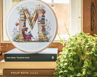 Monogram  Cross Stitch Pattern Instant PDF Download - Letter “M” Watercolor Cross Stitch Hand Embroidery Personalized Gift Wildflower Letter