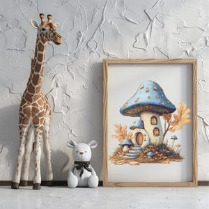 Huis kruissteekpatroon Instant pdf-download - blauwe paddestoel huis aquarel kruissteek handborduurwerk bosplanten fantasie natuur