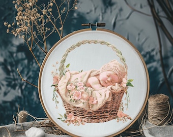 Baby Cross Stitch Pattern Instant PDF Download - Baby in a Basket Watercolor Cross Stitch Hand Embroidery New Born Baby Sleeping