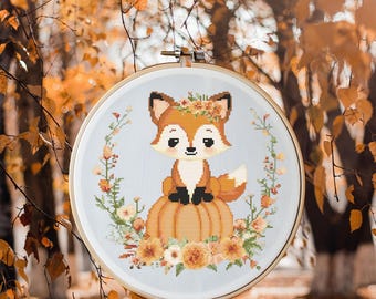 Fox kruissteekpatroon Instant pdf-download - Baby Fox aquarel kruissteek handborduurwerk herfst pompoen dier patroon krans