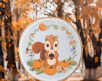 Squirrel Cross Stitch Pattern Instant PDF Download - Little Squirrel Watercolor Cross Stitch Hand Embroidery Pumpkin Woodland Pattern