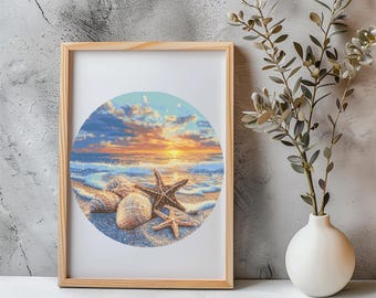 Sunset Cross Stitch Pattern Instant PDF Download - Beach Sunset Watercolor Cross Stitch Hand Embroidery Sunrise Nature Pattern