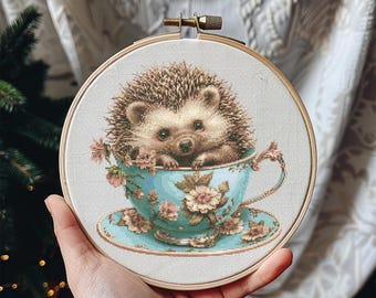 Hedgehog Cross Stitch Pattern Instant PDF Download - Hedgehog in a Tea Cup Watercolor Cross Stitch Hand Embroidery Animal in a Vintage Cup