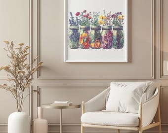 Wildflowers Cross Stitch Pattern Instant PDF Download - Wildflowers in Jars Watercolor Cross Stitch Hand Embroidery Flowers Nature Pattern