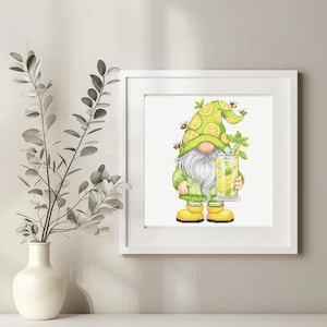 May include: A framed print featuring a whimsical gnome holding a refreshing lemonade drink. The gnome wears a green outfit and a hat adorned with lemon slices. Yellow boots and a long white beard complete the cheerful design. Bees are buzzing around the hat.