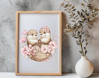 Otter Cross Stitch Pattern Instant PDF Download - Otter Couple Watercolor Cross Stitch Hand Embroidery Floral Basket with Animals Pattern