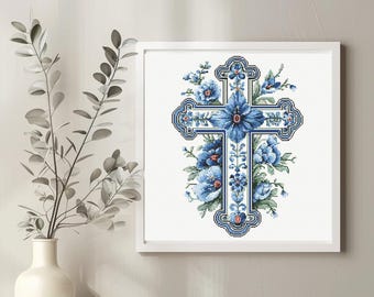 Patrón de punto de cruz con descarga instantánea en PDF - Cruz cristiana azul, acuarela, punto de cruz, bordado a mano, patrón religioso navideño.