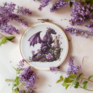 Dragon Cross Stitch Pattern Instant PDF Download - Purple Dragon Watercolor Cross Stitch Hand Embroidery Fantasy Fairy Tale Pattern