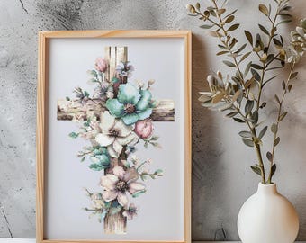 Patrón de punto de cruz con descarga instantánea en PDF - Cruz floral, acuarela, punto de cruz, bordado a mano, madera, patrón religioso cristiano.