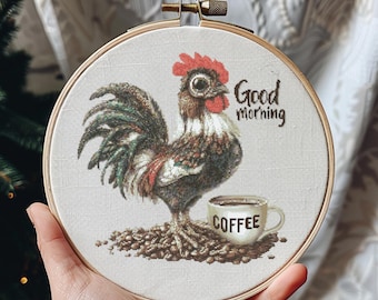 Chicken Cross Stitch Pattern Instant PDF Download - Chicken's Morning Watercolor Cross Stitch Hand Embroidery Funny Farm Animal Pattern
