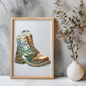 May include: A framed print featuring a hiking boot design. The boot is filled with a landscape of mountains, a river, and trees. The boot is brown with brown laces, and the landscape is in shades of green, blue, and brown.