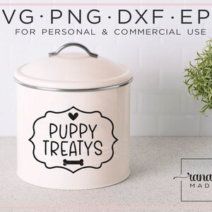 May include: White metal canister with a black and white label that says "Puppy Treatys" with a heart and bone graphic. The canister has a silver lid and a silver band around the top.