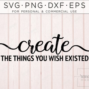 Puede incluir: Diseño gráfico de texto en blanco y negro con el texto "create the things you wish existed" y la firma "ranae made" en una fuente cursiva.