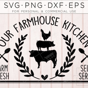 May include: Black and white silhouette design of a farmhouse kitchen with the text "Our Farmhouse Kitchen", "Farm Fresh", and "Self Serve". The design includes a cow, pig, and chicken.