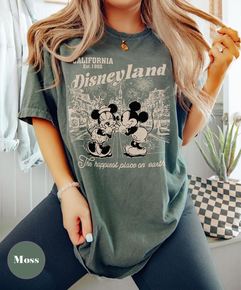 Retro Disneyland Mickey And Minnie Comfort Colors Shirt, Disneyland California Est.1955 Shirt, Mickey And Friends Tee, Disney Vacation Shirt Moss/Military Green