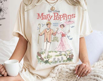 Retro Mary Poppins Shirt, Practically Perfect Quote Tee, Watercolor Paper Doll Graphic T-Shirt, Vintage Style Gift, Magic Nanny Inspired Tee