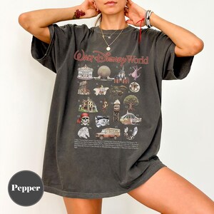 May include: Dark grey t-shirt with the text "Walt Disney World" in red script. The shirt features a collage of Disney World icons and attractions. The shirt is a relaxed fit.