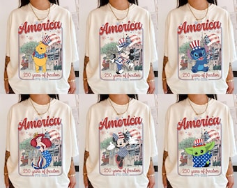 All Characters Disney America 250th Anniversary Shirt, Mickey and Friends 4th of July shirts, WDW Magic Kingdom Independence Day shirts