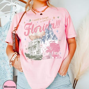 May include: Pink t-shirt with a graphic of Florida landmarks, including a castle and the text "Florida!!!" and "I need to forget so take me to..." The shirt is a light pink color.