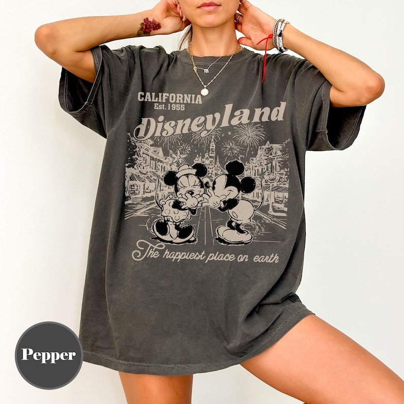 Retro Disneyland Mickey And Minnie Comfort Colors Shirt, Disneyland California Est.1955 Shirt, Mickey And Friends Tee, Disney Vacation Shirt Pepper/Asphalt