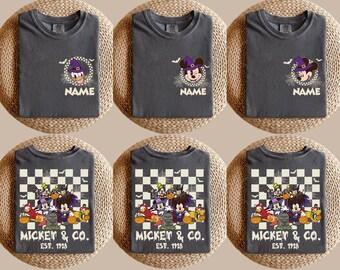 Mickey and Friends Retro Checkered Halloween Shirt, Disneyworld Halloween Custom Name Matching Sweater, Vintage Spooky Halloween Family Trip