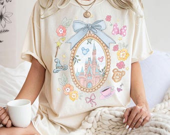 Retro Disney Castle Bow Shirt Cute Coquette Mickey Balloon Tee, Pastel Magic Kingdom Shirt, Disney Trip Tee, Disney Family Vacation Trip Tee