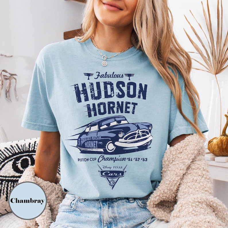 Camiseta vintage de Doc Hudson, el fabuloso Hudson Hornet, camiseta retro de Disney Cars, camiseta de Rayo McQueen 95, regalo de cumpleaños de Cars para niño Chambray/Light Blue