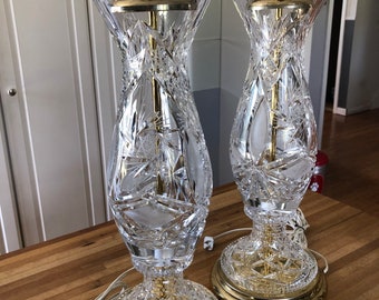 Pair of vintage hand cut glass table lamps