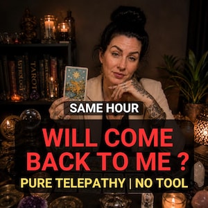 May include: A tarot card featuring The Star illustration held in a hand, with text overlays reading SAME HOUR, WILL COME BACK TO ME ?, and PURE TELEPATHY | NO TOOL. The scene includes books, candles, and crystals in a dimly lit setting.