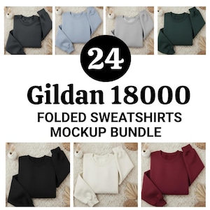 Op de afbeelding: Een mockup-bundel van 24 gevouwen Gildan 18000 sweatshirts in verschillende kleuren, waaronder zwart, wit en blauw. De afbeelding bevat de tekst "24 Gildan 18000 FOLDED SWEATSHIRTS MOCKUP BUNDLE" in vette, zwarte letters.